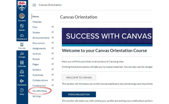 Screenshot showing accessing ePortfolio from Canvas
